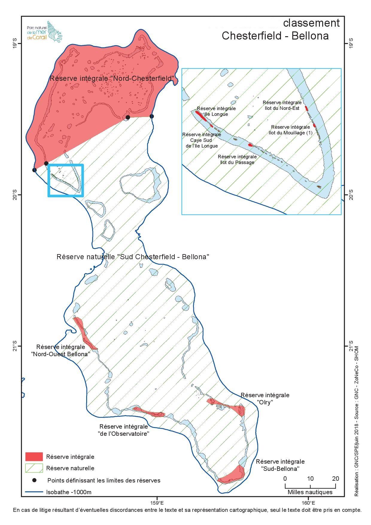Carte de classement en réserves naturelles et intégrales des Chesterfield-Bellona