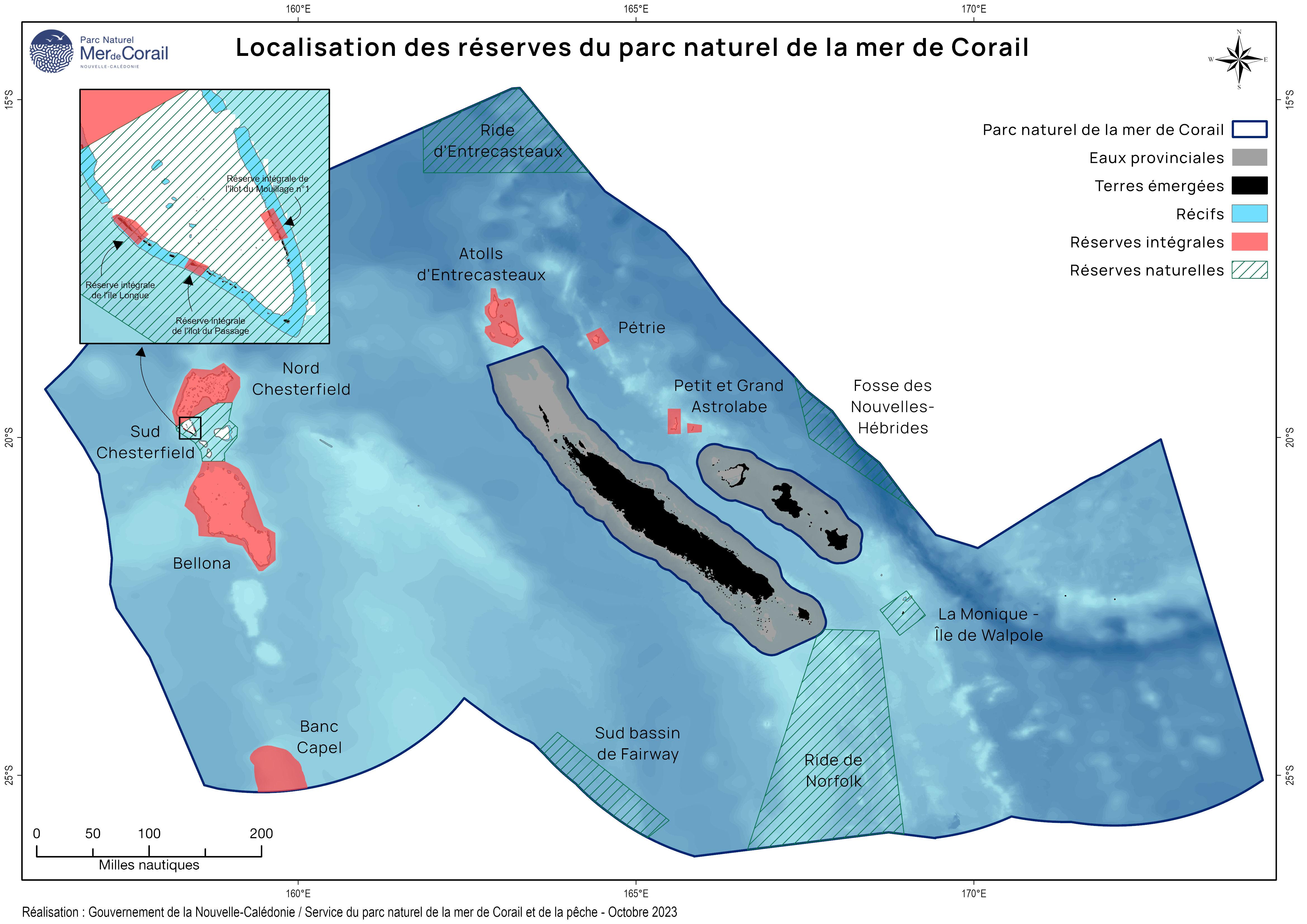 Carte des réserves naturelles et intégrales du parc naturel de la mer de Corail, au 1er janvier 2024