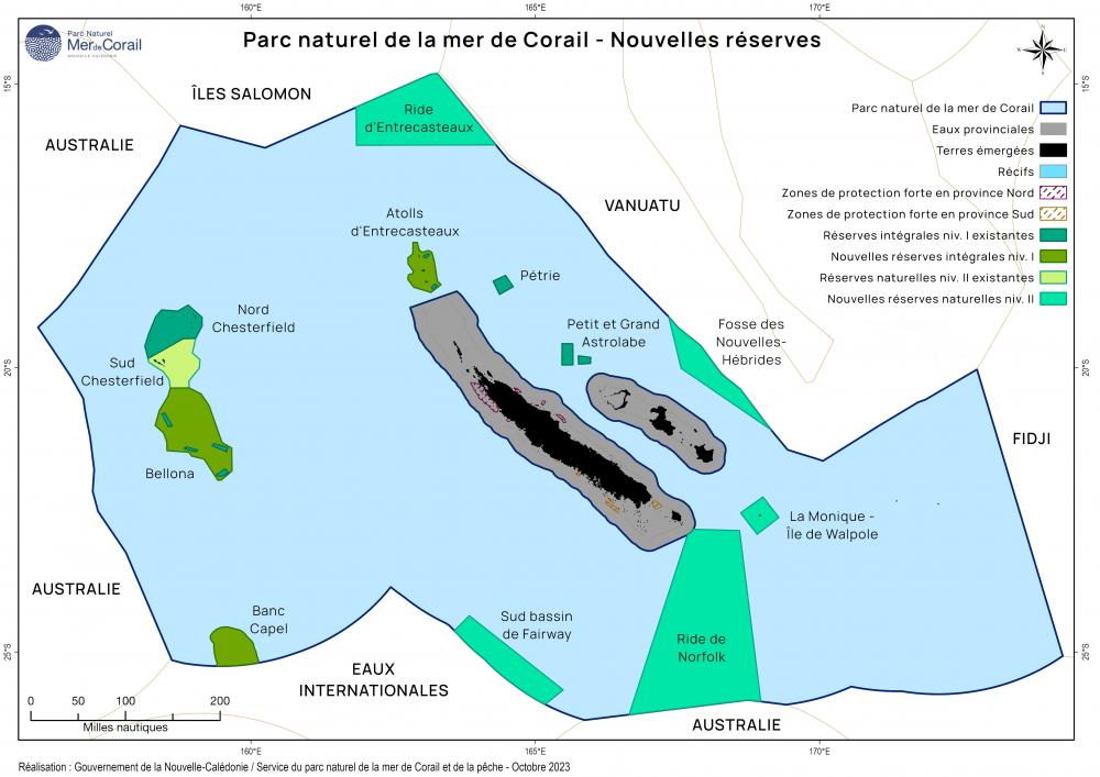 Le sud du bassin de Fairway, la ride de Norfolk, Walpole, la fosse des Nouvelles-Hébrides, la ride d’Entrecasteaux sont placés en réserves naturelles. Le banc Capel, Bellona et les atolls d’Entrecasteaux deviennent des réserves intégrales. 